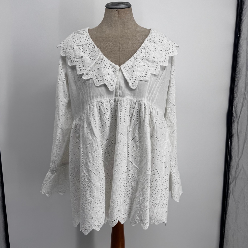 Topshop Eyelet‎ Mini Dress 2 White Oversized Collar Open Back Babydoll Tunic